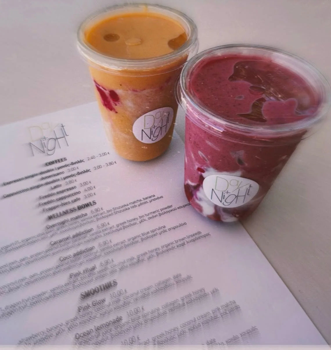 Fresh fruit smoothies served at Day ’n’ Night by the waterfront in Poros